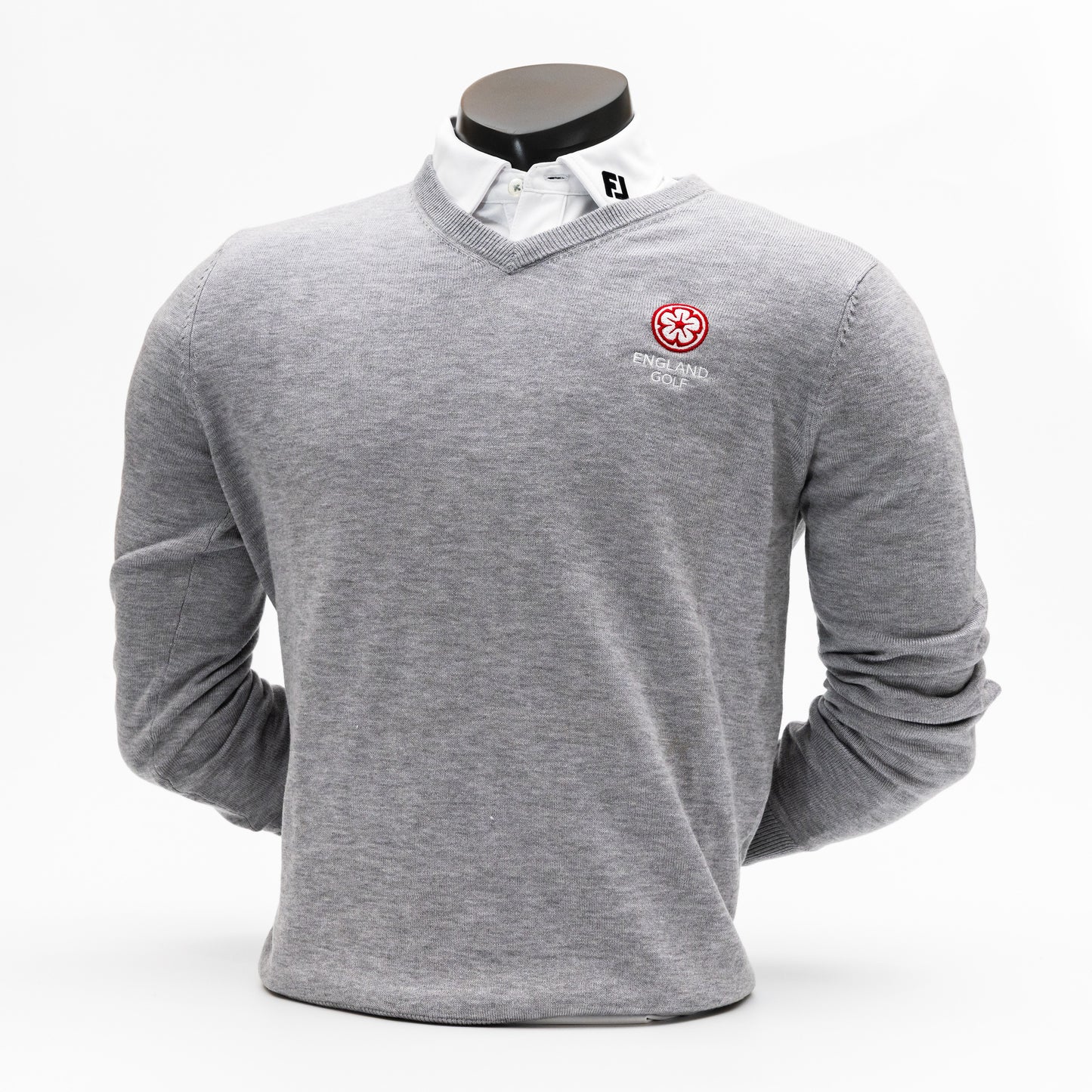 England Golf FJ Wool Blend V-Neck Pullover. Heather Grey