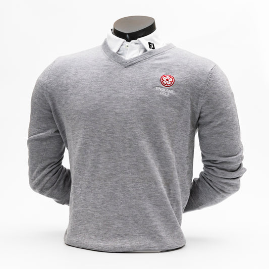 England Golf FJ Wool Blend V-Neck Pullover. Heather Grey